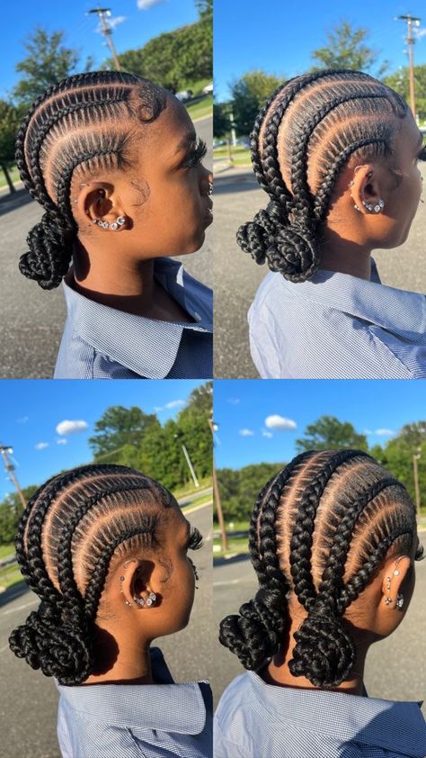 Feed Ins Hairstyles For Black Women, Feed Ins With Two Buns, Braided 2 Buns For Black Hair, Quick And Easy Braid Hairstyles For Black Women, Feed In Braids Into Two Buns, Six Feedin Braids With Bun, 4 Braids Cornrows Black Women, Cute Feed In Braids Styles With Bun, Feed Ins Bun