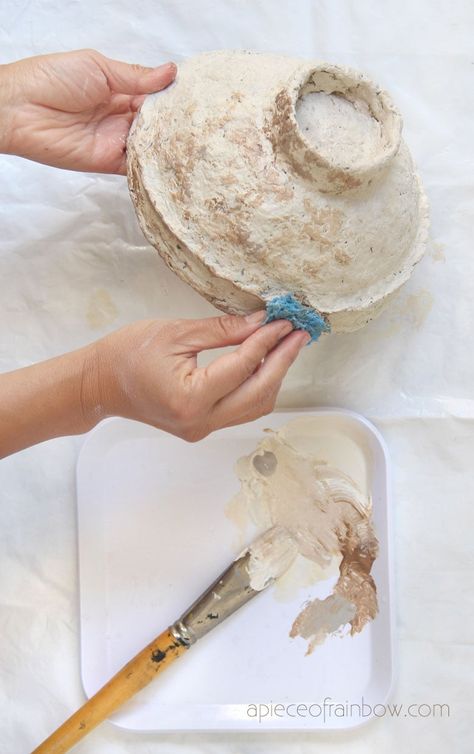 Make vintage paper mache bowls from easy DIY paper clay! Beautiful handmade crafts, great for primitive, boho, farmhouse & modern home decor! – A Piece of Rainbow, papier mâché, table decorations, living room, French country, designer knockoff, Anthropologie, aged, weathered paint finish, distressed, painting Diy Paper Clay, Diy Vintage Paper, Paper Mache Vase, Makey Makey, Vintage Paper Mache, Hanging Craft Ideas, Making Paper Mache, Paper Mache Bowls, Weathered Paint