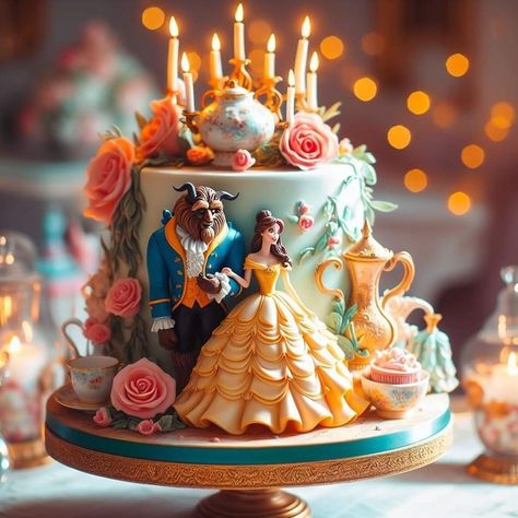 Disney Cake For Adults, Cakes From Disney Movies, Beauty And The Beast Birthday Cake Ideas, Birthday Cake Beauty And The Beast, Cake Beauty And The Beast, Belle Birthday Cake, Princess Theme Cake, Rapunzel Birthday Cake, Belle Cake