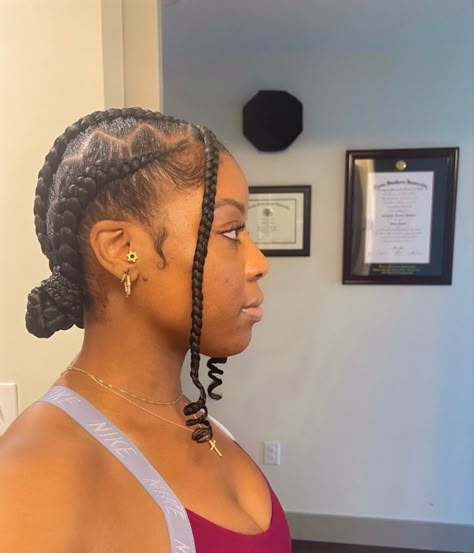 Cornrows With Front Braids, Front Braids With Bun, Cornrows With Two Front Braids, Two Braids In Front With Ponytail, Cornrows With Bangs Black Women, Cornrow With Bangs, Four Stitch Braids In Bun, Feed In Braids With Bangs, Stitch Braids With Bangs