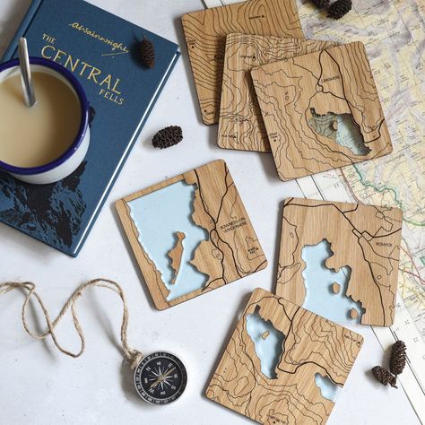 The Lake District Map Coasters: laser etched maps on oak a | Etsy Map Coasters, Cool Coasters, Coaster Designs, Laser Engraved Ideas, How To Make Coasters, The Lake District, Coaster Design, Laser Etching, Lake District