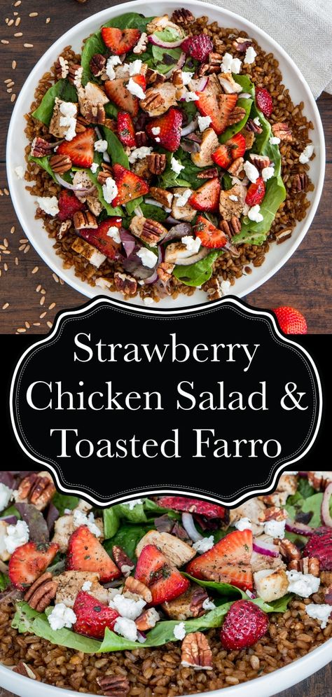 Strawberry Chicken Salad with Pecans, Feta, and Toasted Farro is the perfect summer meal. Light, fresh, easy to customize, and ready in just 30 min! Toasted Farro, Chicken Salad With Pecans, Chicken Farro, Salad With Pecans, Strawberry Chicken, Strawberry Chicken Salad, Chicken Breast Cutlet, Produce Recipes, Salad Chicken