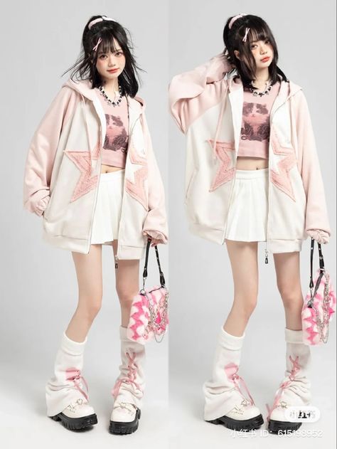 Pink Harajuku Fashion, Pink Pastel Outfit, Chinese Y2k, 2000s Japanese Fashion, Japanese Street Wear, Egirl Fashion, Pink Streetwear, Fashion Bella, Black And White Girl