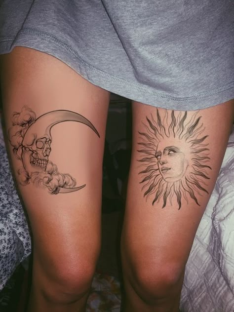 Dark Sun And Moon Tattoo, Sun Skull Tattoo, Sun And Moon Knee Tattoo, Sun Knee Tattoo, Above Knee Tattoos Women, Tattoo Sol E Lua, Tattoo Sun And Moon, Thigh Tattoo Simple, Sketch Style Tattoo