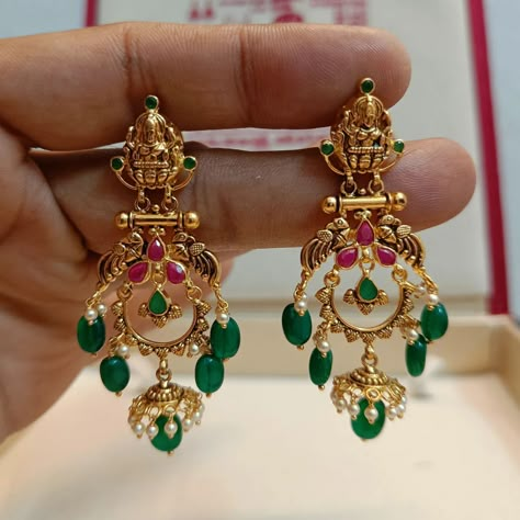 Gold Temple Chandbali Earrings From 'Sree Veerabhadra Jewellers' • South India Jewels Chandbali Earrings Gold Antiques, Light Weight Chandbali Earrings Gold, Gold Chandbali Earrings Design, Chandbali Earrings Gold Latest, Buttalu Earrings Gold Bridal, Lakshmi Earrings, Latest Gold Earrings Designs, Chandbali Earrings Gold, Gold Ear Rings