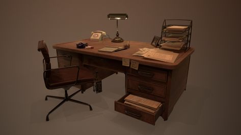 Detective Desk Scene, Carl Packer on ArtStation at https://www.artstation.com/artwork/melD8 Noir Detective Office, Detective Room, Detective Office, Noir Detective, Detective Aesthetic, Props Design, Scotland Yard, 3d Props, Office Games