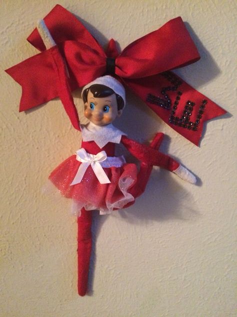 Elf Cheerleader Ideas, Elf On The Shelf Cheerleader, Elf On Shelf Cheerleader, Woodlands Elite, Gymnastic Elf On The Shelf, Cheerleader Ideas, Cheer Life, Cheer Stunts, Elf Ideas