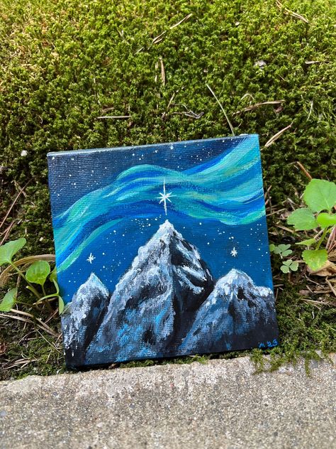 Original artwork of Ramiel, the heart of the Night Court and sacred mountain to the Illyrians. Hang this piece of ACOTAR on your wall to make you smile. And remember that you are the rock against which the surf crashes. Nothing can break you. 4x4 canvas tile, acrylic paint finished with a varnish to protect the artwork. Night Court Painting Ideas, Acotar Painting Ideas Easy, Night Court Painting, Velaris Painting Easy, Acotar Decorations, Bookish Painting Ideas, Acotar Painting Ideas, Velaris Painting, Ramiel Mountain