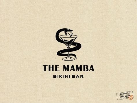 classic masculine design features an alcoholic beverage with a Black Mamba wrapped around the glass Bar Logos Vintage, Sports Bar Logo Design, Cocktail Bar Logo Design Ideas, Bar Logos Ideas, Dive Bar Logo, Logo Design Bar, Luxurious Logo Design, Speakeasy Logo, Alcohol Logo Design