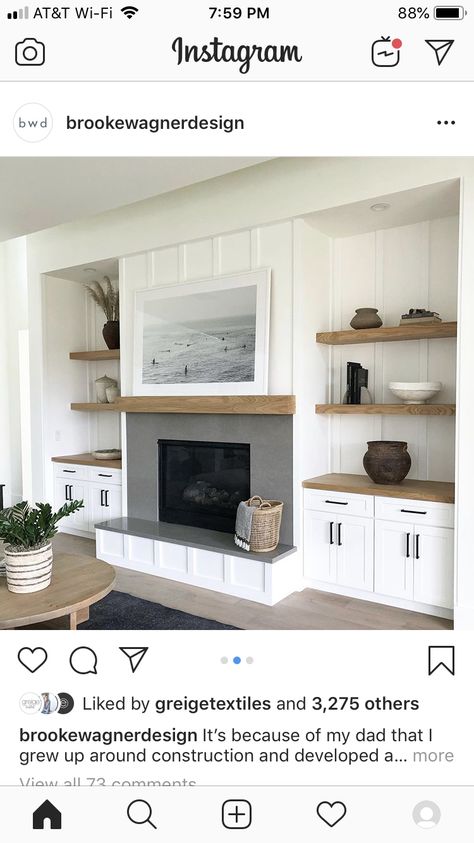 Shiplap Bump Out Wall, Fireplace Hearth Built Ins, Two Story Built Ins, Open Concept Feature Wall, Tall Fireplace Wall High Ceilings Built Ins, Living Room Fireplace Modern, Fireplace With Cabinets On Each Side, Marble Fireplace Ideas, Realistic Fireplace