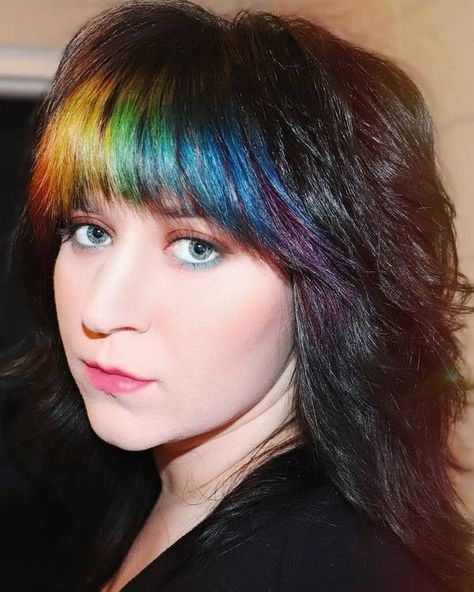 Black Hair Rainbow Bangs, Rainbow Bangs Hairstyles, Purple Bangs Hair, Queer Mullet, Rainbow Bangs, Rainbow Hairstyles, Hidden Rainbow Hair, Pride Hair, Blue Hair Dye