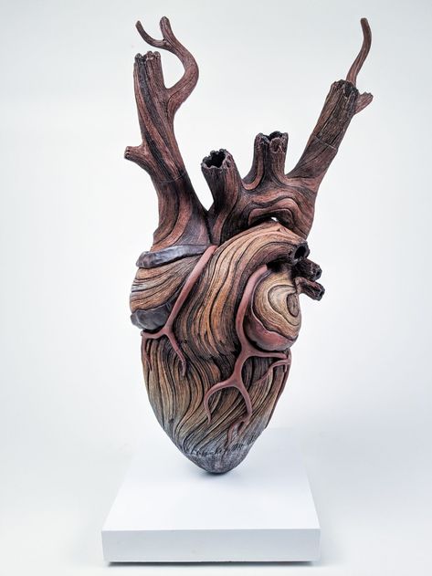 Hyperrealistic Ceramic Sculptures by Christopher David White Mimic the Splintered Texture of Decaying Wood | Colossal Christopher David White, Warforged Druid, Textured Sculpture, Flatware Crafts, Anatomical Heart Art, Ceramic Hearts, Heart Sculpture, Wood Sculpture Art, Break Wall