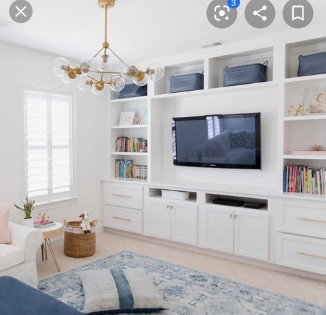 Coastal Media Room Ideas, Formal Living Room Playroom Combo, Small Playroom Ideas With Tv, Built Ins For Playroom, Custom Playroom Built Ins, Playroom Entertainment Center, Kids Media Room Ideas, Living Room Tv Built In, Playroom With Tv And Couch