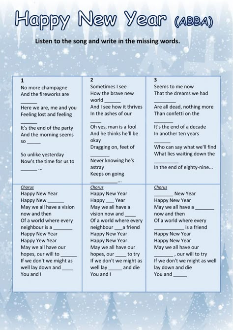 HAPPY NEW YEAR (ABBA) - Interactive worksheet Happy New Year Lyrics, Abba Happy New Year, Abba Lyrics, Happy New Year Song, New Years Song, Christmas Worksheets, English Grammar Worksheets, Listening Comprehension, English Activities