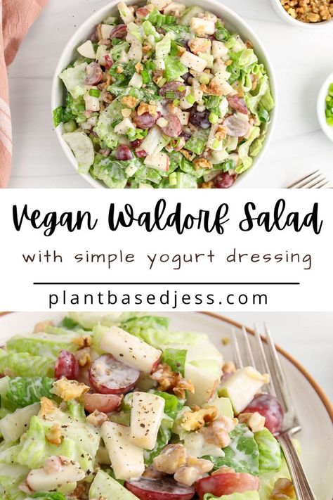 View on a bowl of dairy-free Waldorf salad. Vegan Waldorf Salad, Super Healthy Lunch, Easy Waldorf Salad, Yogurt Salad Dressing, Waldorf Salad Recipe, Yogurt Salad, Fat Free Vegan, Creamy Yogurt, Gluten Free Salads