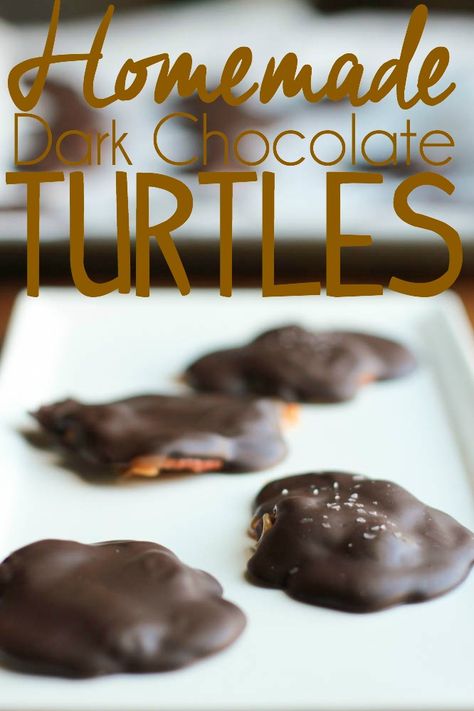 Homemade Dark Chocolate Turtles Recipe made with crunchy pecans, dark chocolate and creamy caramel. Homemade Chocolate Turtles, Dark Chocolate Candy Recipes, Dark Chocolate Turtles Recipe, Chocolate Turtles Recipe, Candy Turtles, Turtle Recipes, Dark Chocolate Turtles, Turtles Chocolate, Caramel Homemade