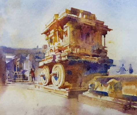 Hampi Watercolor Painting, Indian Heritage Paintings, Architecture Indian, Skyscape Art, Realism Illustration, Watercolor Indian, Countryside Art, India Architecture, Art Studio Room