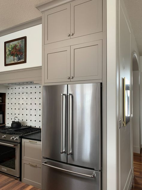 do a 2” return on the side panels so that the fridge would look more built-in (basically, instead of having a ¾” thick side panel the sides appear to be 2” thick).  Then we pulled the upper cabinets away from the wall so that the cabinets would appear to be deeper and be flush with the fridge, making it look a LOT more built-in. Fridge Side Panel, Countertop Choices, Vintage Sconces, Corner Pantry, Built In Cabinet, Diy Kitchen Renovation, Built In Dishwasher, Ikea Cabinets, Low Cabinet