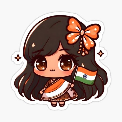 An Indian girl waving the India flag. India Flag, Creative Lifestyle, Cute Kawaii, Cute Stickers, Flag, India, Lifestyle, For Sale, Quick Saves