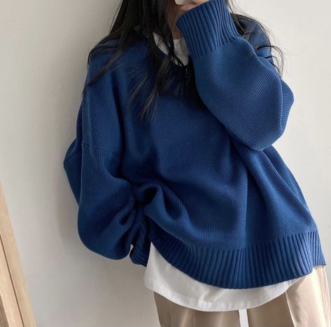 Dark Blue Clothing Aesthetic, Royal Blue Clothes Aesthetic, Deep Blue Outfit Aesthetic, Royal Blue Crewneck Outfit, Dark Blue Korean Outfit, Dark Blue Korean Aesthetic, Dark Blue Outfits Aesthetic, Blue Oversized Sweater Outfit, Blue Sweater Outfit Aesthetic