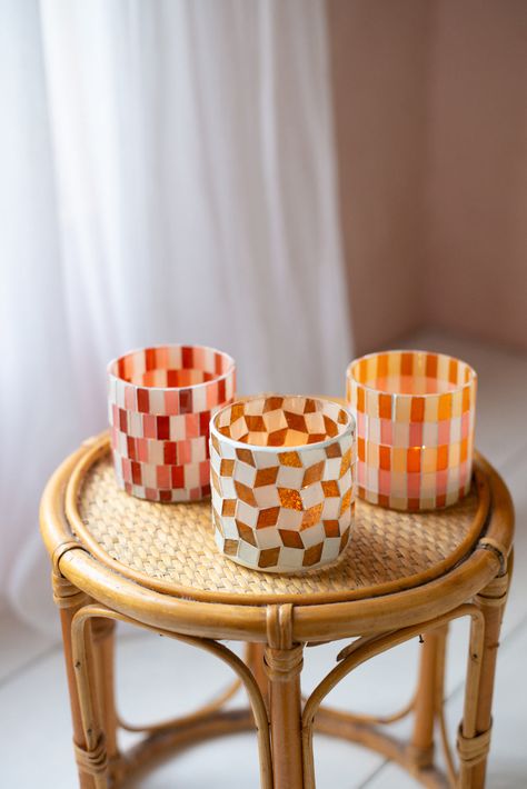 Votive candle holders and tea light holders at Ian Snow Ltd Hygge Color Palette, Hygge Colors, Neutral Colour Scheme, Ian Snow, Mosaic Candle Holders, Family Dinner Table, Mosaic Candle, Glass Votives, Spring Inspo