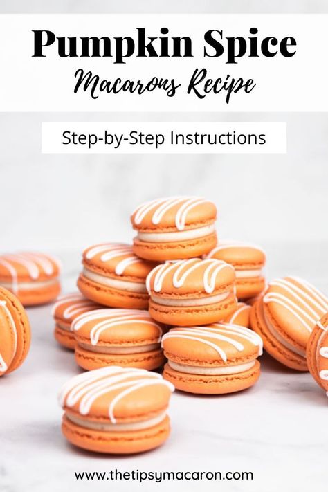 55 minutes · Vegetarian · Serves 18 · This Pumpkin Spice Macarons Recipe is so easy to follow! It shows you step-by-step instructions and has great tips! Macaron Recipe Flavors, Macarons Filling Recipe, Pumpkin Spice Macarons, Macaroons Flavors, Macarons Recipe Easy, French Macaroon Recipes, Pumpkin Buttercream, Spiced Buttercream, Macarons Recipe