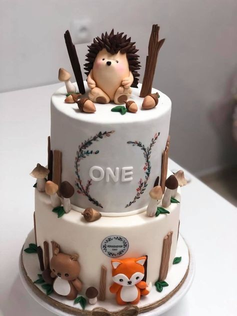 Woodland First Birthday Cake, Woodland Cake Birthday, Woodlands Cake, Woodland Animal Cake, Woodland Theme Cake, Woodland Birthday Cake, Showstopper Cakes, Hedgehog Cake, Hedgehog Birthday