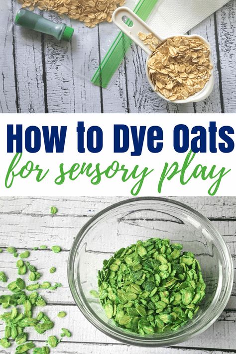 This super easy step by step tutorial shows you how to quickly, and easily, dye oats for sensory play. Perfect as a sensory bin base for babies.    Sensory play can provide wonderful and rich Birthday Themed Sensory Play, Sensory Play Themes, Jungle Messy Play Ideas, Farm Messy Play, Jungle Messy Play, Jungle Sensory Play, Rainforest Sensory Bin, Jungle Sensory Bin, Easy Tuff Tray Ideas