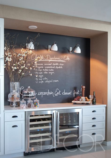 Elle Décor Showhouse Miami | chalkboard wall + metro swivel lamps | Urban Electric Chalkboard Paint Wall, Bar Mini, Kabinet Dapur, Mini Bars, Modern Restaurant, Chalkboard Wall, Restaurant Interior Design, Wet Bar, Basement Remodeling