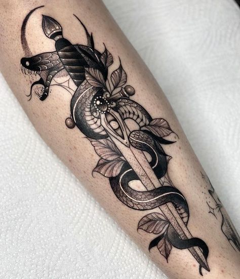 Knife And Snake Tattoo, Snake And Dagger Tattoo Design, Dagger Leg Tattoo, Dagger And Snake Tattoo, Snake Shin Tattoo, Snake Dagger Tattoo, Snake And Dagger Tattoo, Circular Tattoo, Gothic Tattoos