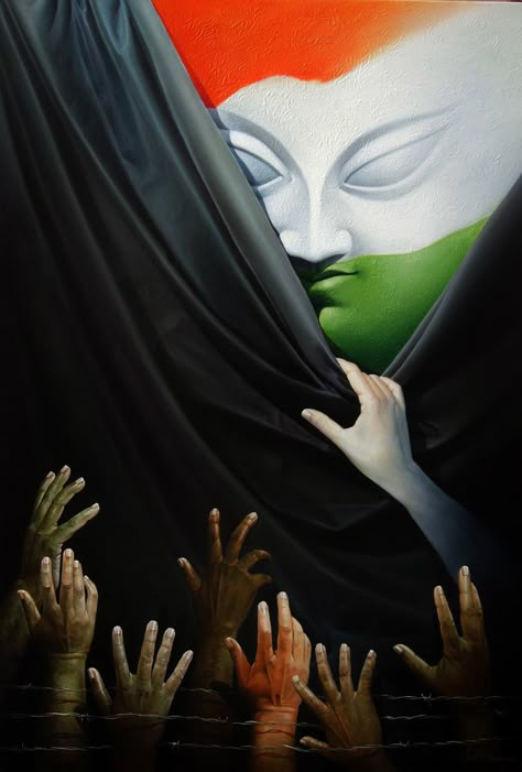 Amit BHAR ~ Spiritual Touch ✿ | Catherine La Rose ~ The Poet of Painting Amit Bhar, Independence Day Painting, Independence Day Drawing, Film Portrait, Buddhist Art Drawing, Neon Photography, Environment Painting, Deco Font, Durga Painting