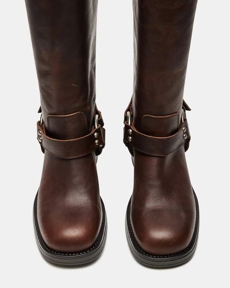 ASTOR Brown Leather Knee High Boot | Women's Boots – Steve Madden Mid Calf Boots Outfit, Calf Boots Outfit, Steve Madden Knee High Boots, Brown Fall Boots, Knee High Brown Boots, Brown Flat Boots, Brown Leather Knee High Boots, Autumn Boots, Dark Brown Boots