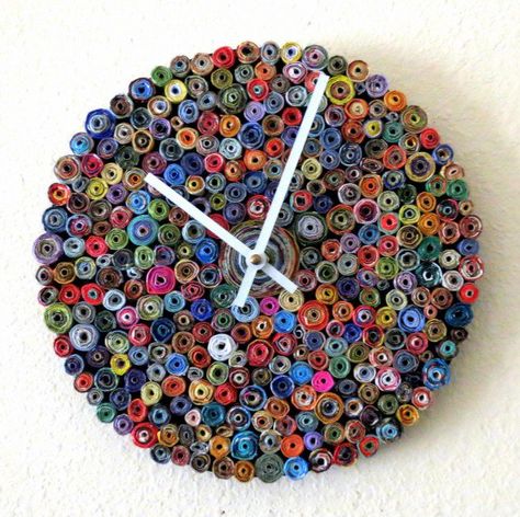 20 Stunning & Unique Handmade Wall Clocks Diy Wall Clock Ideas, Paper Clock, Colorful Wall Clocks, Recycled Magazines, Handmade Wall Clocks, Recycling Ideas, Handmade Clocks, Diy Wall Clock, Quilled Creations