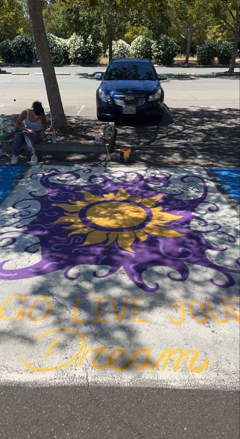 Senior year parking spot paintinf activity The Weeknd Senior Parking Spot, Tangled Themed Parking Spots, Rapunzel Parking Spot Painting, Senior Parking Spaces Tangled, Tangled Parking Spot Painting, Car Spot Painting Ideas, Parking Spot Painting Disney, Parking Painting Ideas, Senior Ceiling Tile Ideas Art