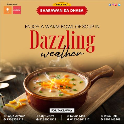 A warm cup of soup is always the best companion to give a comfy feel. For Takeaways, Please Contact On Below Numbers Ranjit Avenue - 7508351912 City Centre - 8288901912 Town Hall - 9803146469 Nexus Mall - 0183-5101912 #bharawandadhaba #multicuisinerestaurant #pureveg #since1912 #worldfamous #breakfast #lunch #dinner #familydining #placestoeat #northindianfood #chinese #snacks #southindian #foodbloggers #foodbloggersindia #amritsarrestaurants #orderonline #instafoodapps Amazing Optical Illusions, Coffee Advertising, Chinese Snacks, Food Videography, Cup Of Soup, Food Template, Food Menu Design, Happy Rakshabandhan, Food Content