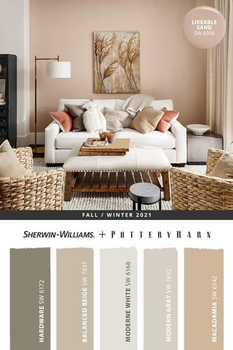 Bring relaxing warmth to your living room with an accent wall painted in Likeable Sand SW 6058 from Sherwin-Williams. Tap this pin to discover the complete @potterybarn Fall/Winter 2021 paint palette, then shop online and get your DIY painting project started. #sherwinwilliams #potterybarn #DIY #decor #livingroom #interiordesign #homedecor #painting #colorinspiration #renovation #paint #fall #winter Beige Wall Colors, Paint For Walls, Living Room Paint Colors, Color Palette Living Room, Living Room Wall Color, Bedroom Colour, Room Wall Colors, Accent Wall Paint, Beige Living Rooms