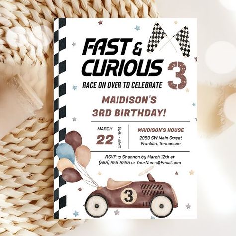 $3.34 | Fast And Curious Brown Race Car 3rd Birthday Party - growing up, birthday party, race car, kids, boy, vintage car, race car birthday, race car party, racing party, boy first birthday Car Theme Third Birthday, Car 3rd Birthday Party, Race Car 3rd Birthday, Third Birthday Party Themes, Boy Birthday Theme, Racing Birthday Party, Birthday Party Themes For Boys, Up Birthday Party, Racing Birthday