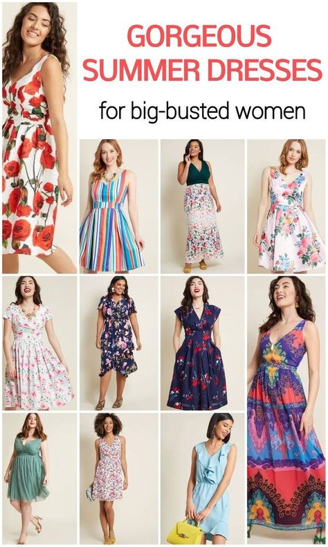 I love these summer dresses cute summer dresses for big busted women! These are perfect for someone who wants more modest summer dresses, or a plus size summer dresses or even just a cute dress that's perfect for warmer weather in spring or summer. Sew Wardrobe, Dresses For Big Bust, Big Bust Fashion, Gorgeous Summer Dresses, Modest Summer Dresses, Plus Size Summer Dresses, Plus Size Summer Outfits, Modest Summer, Flattering Outfits