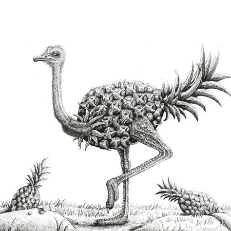 Ostrich Funny, Surreal Animals, Mushrooms Illustration, Metamorphosis Art, Surrealism Drawing, Food Tattoos, Creepy Tattoos, Illustration Pen And Ink, Ink Artwork