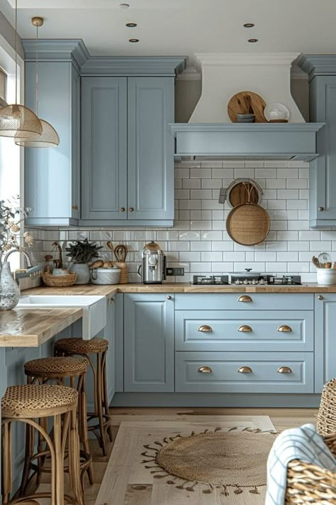 Blue House Ideas Interiors, Pastel Blue Kitchen Ideas, Cottage Inspired Homes, Blue Kitchen Aesthetic, Light Blue Cabinets Kitchen, Coastal Blue Kitchen, Blue Aesthetic Home Decor, White Kitchen Aesthetic, Blue House Interior