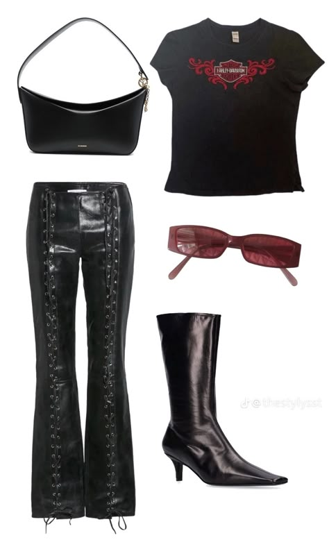 Leather Rockstar Outfit, Leather Top Outfit Ideas, Deftones Concert Outfit, The Weekend Concert Outfit, Rap Concert Fits, Real Y2k Outfits, Rockstar Girlfriend Outfit, Leather Top Outfit, Rockstar Pants