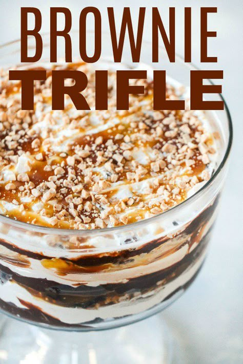 The BEST Chocolate Caramel Brownie Trifle - this is our favorite dessert! SixSistersStuff.com #trifle #chocolate #brownie Most Pinned Desserts, Brownie Truffle Bowl Trifle Desserts, Crowd Favorite Dessert, Brownie Trifle Recipes Easy, Eclair Trifle, Easy Chocolate Desserts For A Crowd, Truffle Desserts Layered, Brownie Trifle Recipes, Trifle Recipes Chocolate