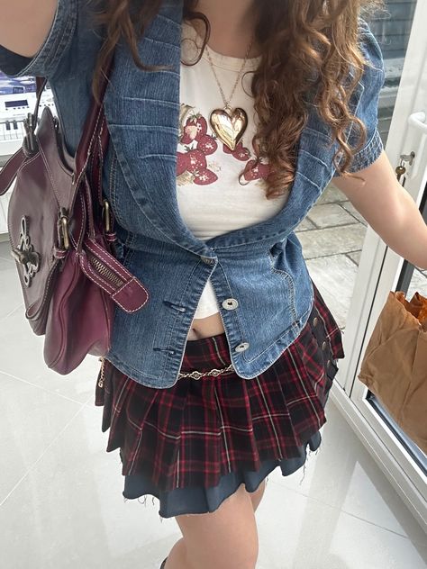 Layered Mini Skirts | Tartan Skirt | Denim Skirt | Denim Waistcoat | Vintage | Thrifted | Outfit Inspo | Outfit Ideas | Outfit of the Day Waistcoat With Skirt, Waistcoat Outfit, Thrifted Outfit, Mini Skirt Outfit, Denim Waistcoat, Layered Mini Skirt, Casual Ootd, Denim Skirt Outfits, Tartan Skirt