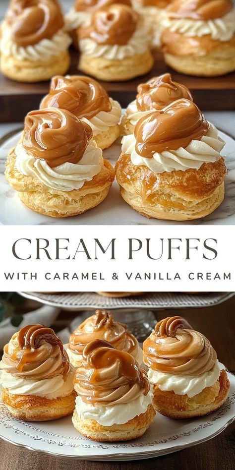 Classic Cream Puffs with Caramel & Vanilla Cream Ingredients For the Dough (Choux Pastry): Water: 200 ml (¾ cup) Purpose: Provides the liquid needed to create steam, which helps the dough rise in the oven. Butter: 50g (1¾ oz) Purpose: Adds richness and flavor to the dough, contributing to its tender texture. All-Purpose Flour: 150g (1¼ cup) Purpose: Forms the structure of the puffs, creating a light and airy texture. #Cream #ClassicPuffs Pastry Cream Desserts Ideas, Salted Caramel Cream Puffs, Cream Puffs Recipe Best, Creme Puff Recipe, Banana Cream Puffs, Cream Puff Pie, Cream Puff Flavors, Chocolate Cream Puffs, Cream Puff Dessert