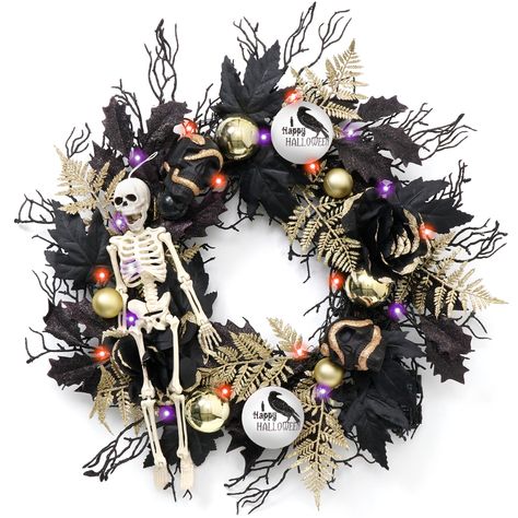 Skeleton Ornaments, Halloween Skull Wreath, Rose Skeleton, Lighted Wreath, Halloween Door Wreath, Black Halloween Wreath, Halloween Decorations Wreaths, Wreath With Lights, Gold Halloween