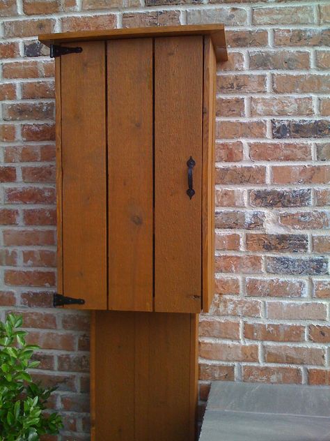 Cedar Electric Meter Cover, Rustic Oak  RIF | fence stain & restoration  RIFStain.com Outdoor Electrical Box Cover, Breaker Box Cover, Utility Covers, Hiding Ugly, Fence Stain, Electrical Box Cover, Breaker Box, Electric Box, Electrical Panel