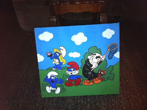 Smurfs Painting Canvas, Cute Cartoon Paintings, Canvas Painting Cute, Paintings On Fabric, Paintings On Wall, Cartoon Paintings, Canvas Art Ideas, Crafts Cute, Painting Cute