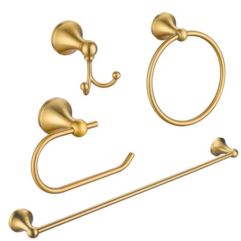 PRICES MAY VARY. HIGH QUALITY: 4 pieces brushed gold bathroom hardware set are made of SUS304 stainless steel, anti-rust and anti-corrosion, ensuring durability and dependability NICE LOOK & KEEP NEW: Gold bathroom hardware kit prevents rust and corrosion for long lasting durability, make your bathroom more luxury, nicely matches with your gold fixtures. BEAUTIFUL APPEARANCE: Modern design, classy style. Concealed screws design. makes it clean looking. Perfect for use the pieces individually in Gold Bathroom Hardware, Gold Bathroom Fixtures, Gold Bathroom Decor, Black And Gold Bathroom, Rococo Furniture, Gold Bathroom Accessories, Stainless Steel Wall, Gold Fixtures, Towel Holder Bathroom