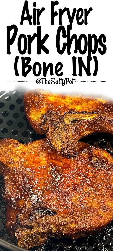 Super duper delicious and easy to make, air fryer bone in pork chops are one of those recipe ideas that you keep in your back pocket for busy weeknight meals when everyone needs to eat fast! These chops are sweet and savory, and making them is a cinch in the air fryer. Airfryer Pork Chop Recipes, Bone In Pork Chops Air Fryer, Cook Pork Chops In Air Fryer, Air Fryer Breaded Pork Chops Bone In, Pork Chop Air Fryer Recipes Bone In, Airfryer Bone In Pork Chops, Cooking Pork Chops In Air Fryer, How Long To Cook Pork Chops In Air Fryer, Air Fryer Pork Chops Recipes