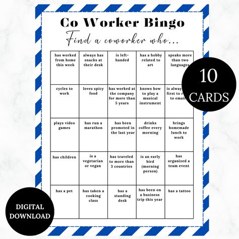 Coworker Bingo, Get to Know You, Employee Bingo, Ice Breaker Bingo, Find Someone Who, Workplace Bingo, Mix and Mingle, Human Bingo,Printable door MCGamesStore op Etsy Work Bingo, Bingo Ice Breaker, Office Bingo, Family Reunion Bingo, Ice Breaker Bingo, Human Bingo, Ice Breaker Questions, Office Party Games, Get To Know You Activities